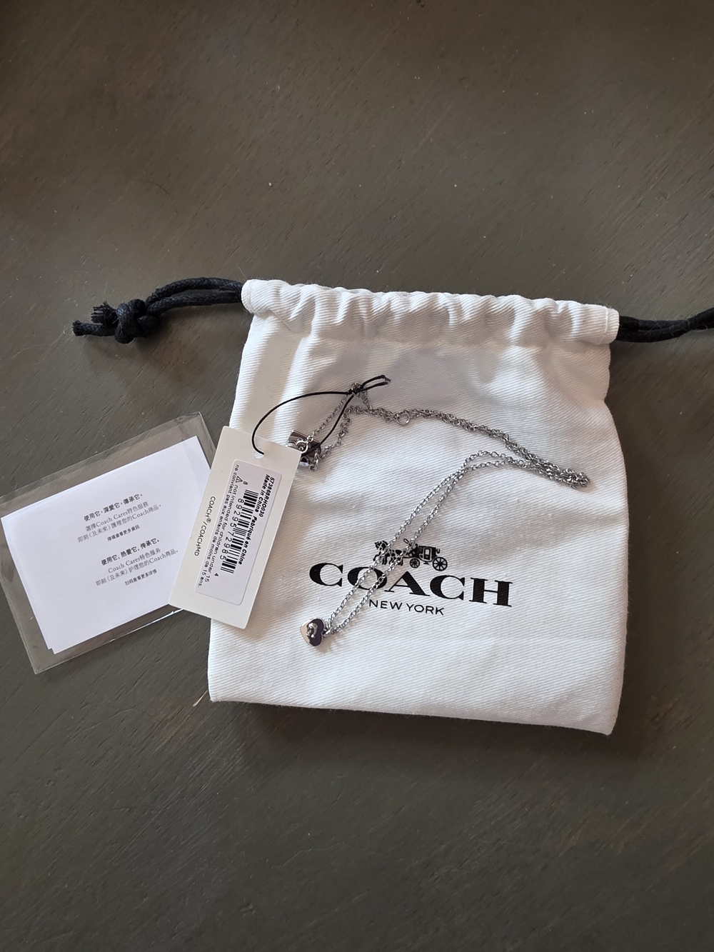 Coach Signature C NWT Silver Heart Charm Necklace with Logo Pouch Preppy